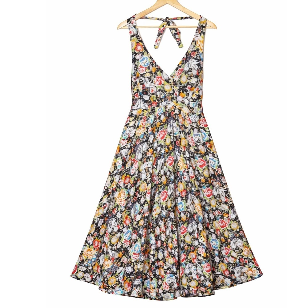 Unique Vintage Black Floral Halter Midi Dress with Multicolor Print
